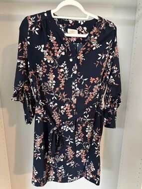LOFT Navy Floral Tie-Waist Dress with Pink and White Accents